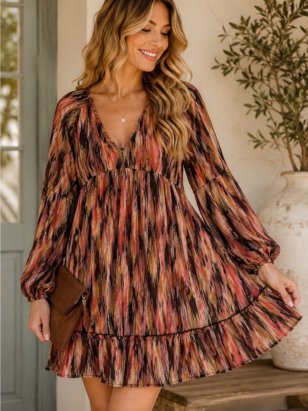 Peach Love California Abstract Print Babydoll Dress Lined Boho Mini Dress L